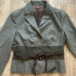 Alain Manoukian French Designer Tweed Wool Blazer Lace Embellished Sz 14